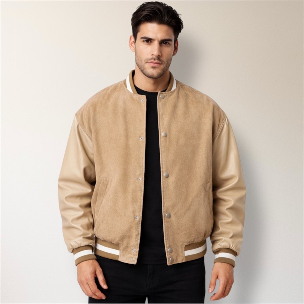 Tan Suede Bomber Jacket Faux‎ Leather Sleeves Varsity Oversized Streetwear Mens